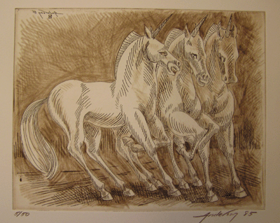 Bill Anderson, Etching, "Three Unicorns",  created in 1985 , siz