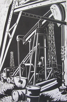 Bill Anderson, Linoleum Cut,  "Huntigton Beach Oil", Created in