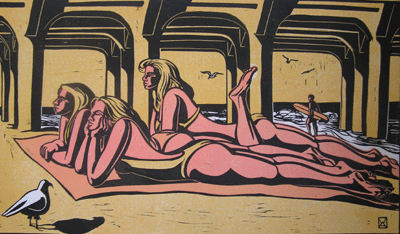 Bill Anderson, Linoleum Block Print, "Where the Boys Are" , 1987