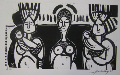 Bill Anderson, Linoleum Block,  "One Virgin",  Created in 1977 ,