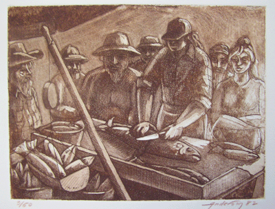 Bill Anderson, Etching, "Dory Fish Market",  created in 1981 ,