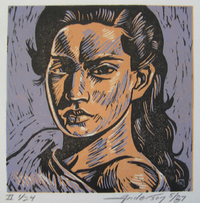 Bill Anderson, Linoleum Block Print, "The Look",  created in 198