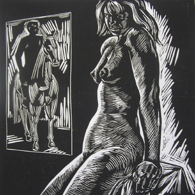 Bill Anderson, Linoleum Block Print, "Bareback" , created in 198