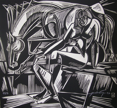 Bill Anderson, Linoleum Block, "Nude and Horse",  Created in 199