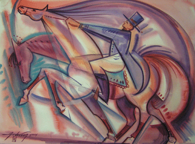 Bill Anderson, watercolor "Lipizzaner Stallions" painted in 2004