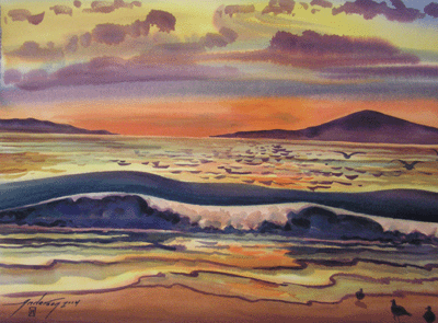 Bill Anderson, water color "Sunset Beach" painted in 2004, size: