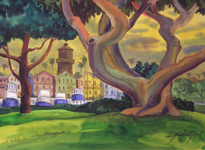 Bill Anderson, watercolor "Water Tower in Sunset Beac from Hunti
