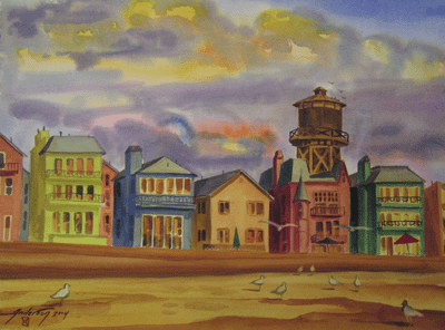 Bill Anderson, watercolor "On the Beach in Surfside, California"