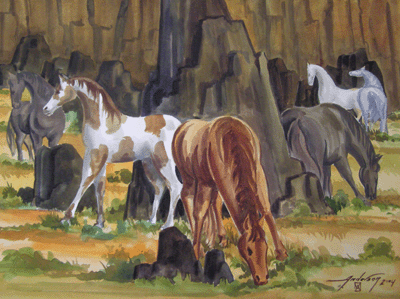 Bill Anderson, watercolor "Horses, On the Way to Mt. Whitney" pa