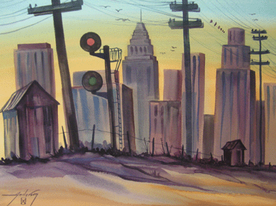 Bill Anderson, watercolor "Downtown L.A" painted in 1986, size: