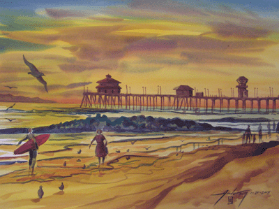 Bill Anderson, watercolor "Huntington Beach Pier" painted in 200