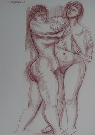 Raul Anguiano, Conte Drawing, "Standing Nudes #8" size : 18" x 2