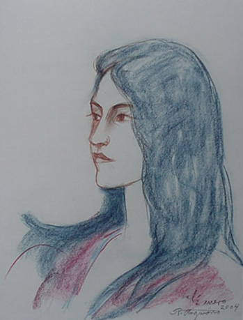 Raul Anguiano, Pastel Drawing, "Portrait in Red and Blue" size :