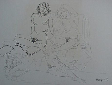 Raul Anguiano, Ink Drawing, "Three Nudes" size : 20" x 26", 1972