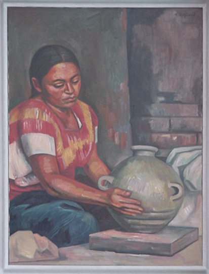 Raul Anguiano, Oil Painting, "Pottery Makers"  size : 30" x 40",