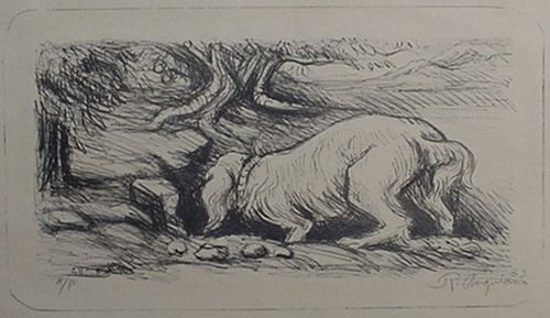 Raul Anguiano, Lithograph, "Dog Digging" size : 9" x 17", 1983