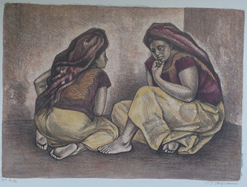 Raul Anguiano, Lithograph, "Two Women"  size : 24" x 34", 1983