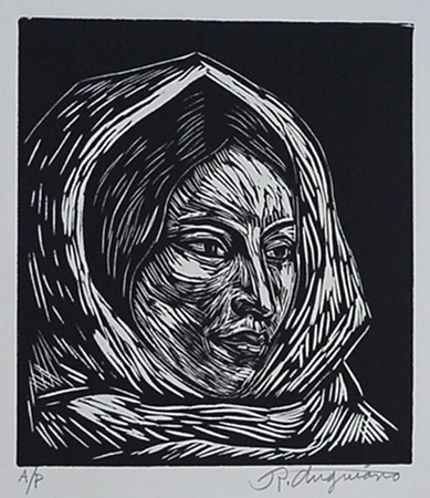 Raul Anguiano, Linoleum Block, "Mujer"  size : 8 1/4" x  9 1/2",