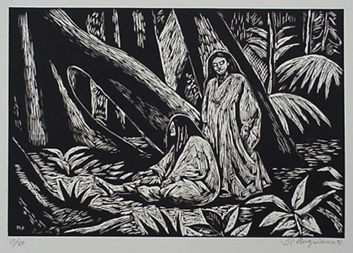Raul Anguiano, Linoleum Block, "Bonapark Jungle-Mayans"  size :