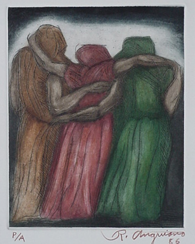 Raul Anguiano, Etching, "The Mourners"  size : 7 3/4" x 9 1/2",