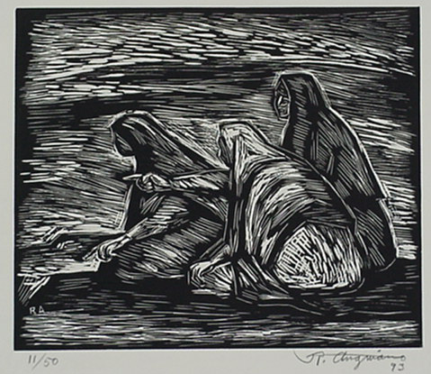 Raul Anguiano, Linoleum Block, "Finding Their Way"  size : 10" x