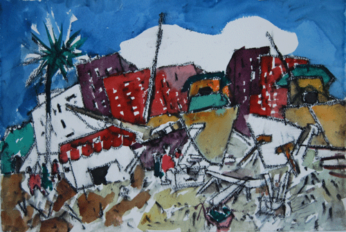 Henry Fukuhara, 15" x  22", "BUILDINGS ON THE HILL."  WATERCOLOR