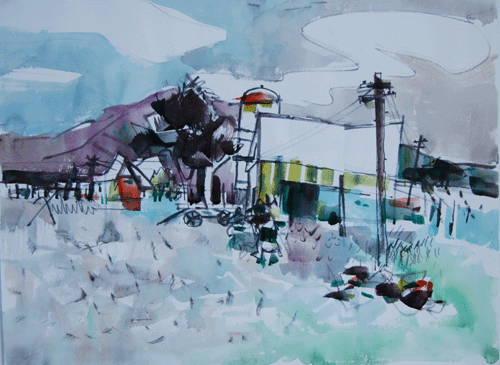 Henry Fukuhara, Farm  Near The Mountains." 14" x  20",  WATERCOL