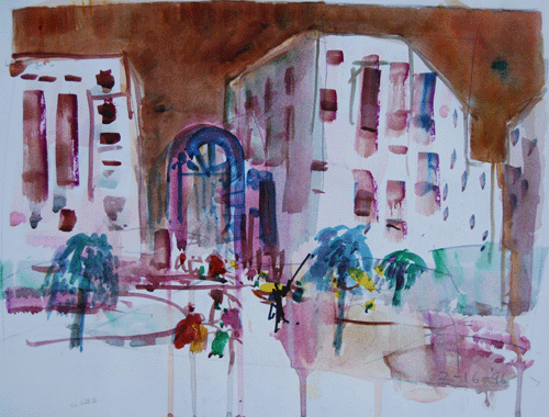 Henry Fukuhara, 12" x  17",  WATERCOLOR,  "CITY SQUARE.".