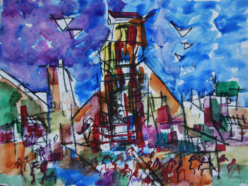 Henry Fukuhara, 18" x  24", WATERCOLOR PAINTING,  "PEOPLE UNDER