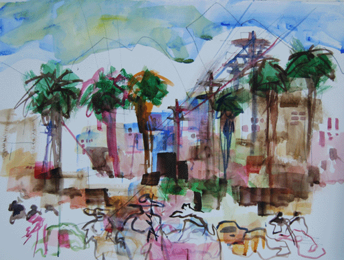 Henry Fukuhara, 18" x  24", WATERCOLOR PAINTING,  "CROWD IN THE