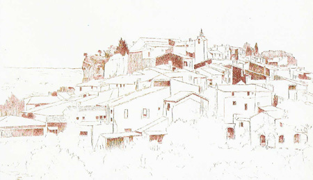 Howard Hitchcock,  Drypoint,  "Perched Village" ,  9 1/2" x  15