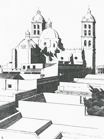 Howard Hitchcock,  Drypoint,  "View  of Puebla" ,  12" x  9",  1