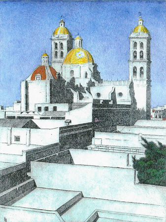 Howard Hitchcock, Hand Colored Drypoint,  "View  of Puebla" ,  1