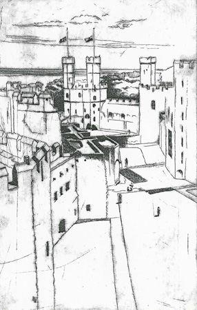 Howard Hitchcock, Drypoint,  "Castle in Wales" ,  12 3/4" x 8 1/