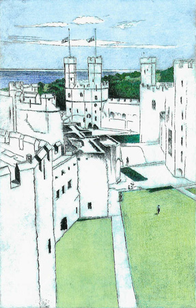 Howard Hitchcock, Handcolored Drypoint,  "Castle in Wales" ,  12