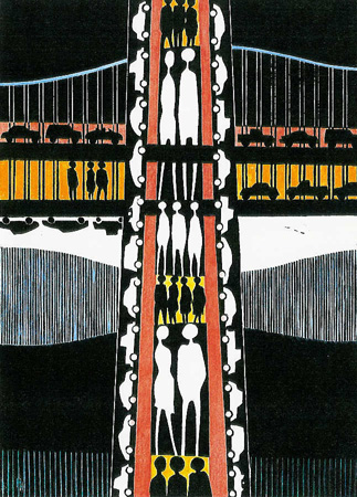 Howard Hitchcock, Hand Colored Linoleum Block,  "Crossing" ,  12