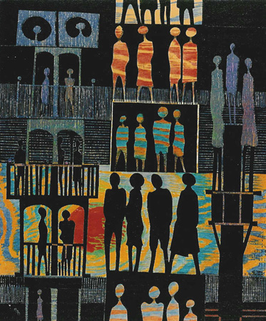 Howard Hitchcock, Hand Colored Linoleum Block,  "People in High