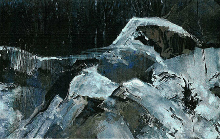 Howard Hitchcock, Hand Colored Monotype,  "Rocks and Snow, Ontar