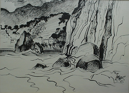 Milford Zornes, Ink Drawing,  22"  x  30 ",  Titled: "Coastal Ci