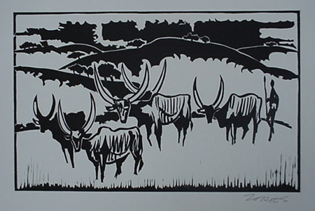 Milford Zornes,  Linoleum Block, "Cattle of Ankoli", size: 11 1/