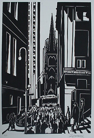Milford Zornes,  Linoleum Block, "The Canyon-Wall Street",  size