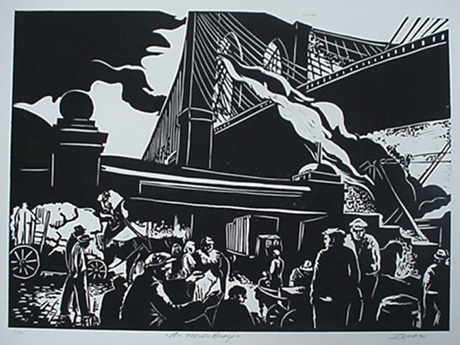 Milford Zornes,  Linoleum Block, "The Master Bridge",  size: 17