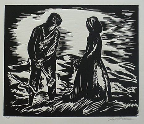 Milford Zornes,  Linoleum Block, "The Yule Log",  size: 11" x