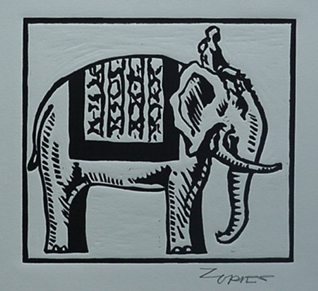 Milford Zornes,  Linoleum Block,  "Elephant In India",  size: 7