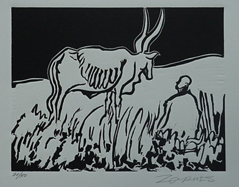 Milford Zornes,  Linoleum Block,  "Ankoli Herdsman",  size: 8" x