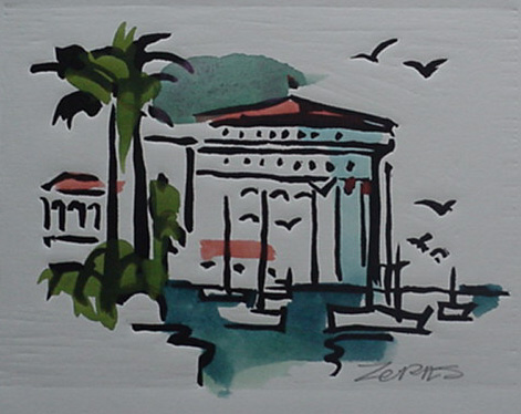 Milford Zornes, Watercolored Linoleum Block,  "Catalina",  size:
