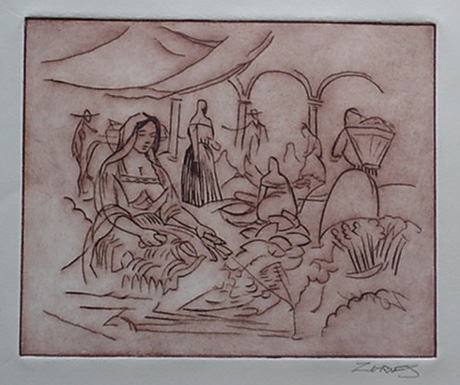 Milford Zornes,  Etching-Drypoint,  "Mexican Market",  size: 8 1