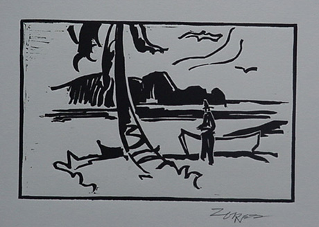 Milford Zornes, Linoleum Block,  "Lagoon in Mexico",  size: 5 1/