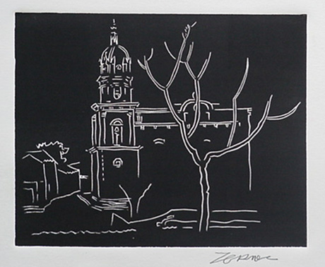 Milford Zornes, Linoleum Block,  "Curch in Mexico",  size: 7 1/2