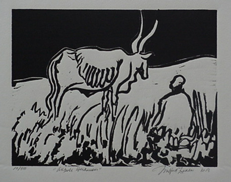 Milford Zornes, Linoleum Block,  "Ankoli Herdsman",  size:  8" x